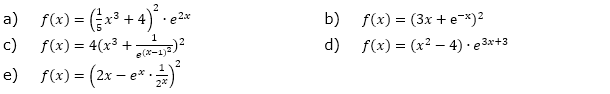 Bestimme die 1. und 2. Ableitung der folgenden Funktionsgleichungen: (Grafik A310301 im Aufgabensatz 3 Blatt 3/1 Fortgeschritten zur Ableitung der Exponentialfunktion /© by www.fit-in-mathe-online.de)