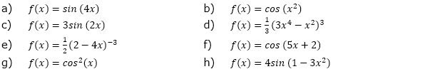 Bilde die 1. Ableitung f'(x) der nachfolgend gegebenen, verketteten Funktionen und vereinfache so weit wie möglich. (Grafik A220101 im Aufgabensatz 1 Blatt 2/2 Fortgeschritten zur Kettenregel /© by www.fit-in-mathe-online.de)