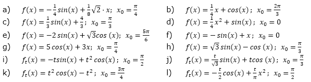 Bestimme den exakten Wert der Steigung des Graphen von f an der Stelle x0. (Grafik A210201 im Aufgabensatz 2 Blatt 2/1 Fortgeschritten zur Ableitung trigonometrischer Funktionen /© by www.fit-in-mathe-online.de)