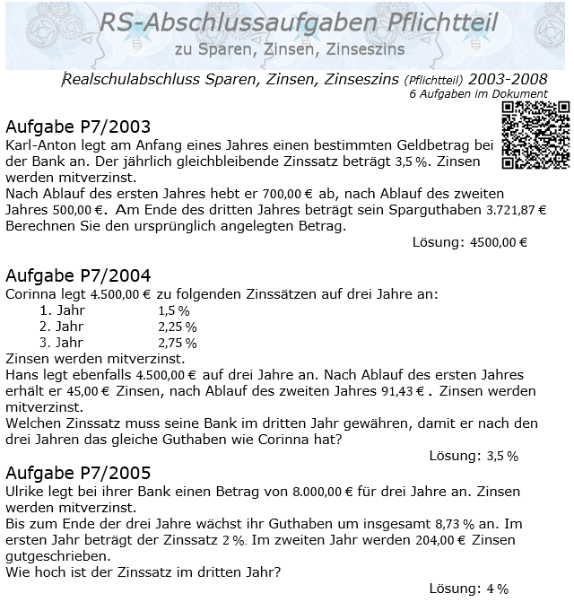 Realschule Abschlussprüfung Sparen, Zinsen, Zinseszins 2003-2008 / © by Fit-in-Mathe-Online.de