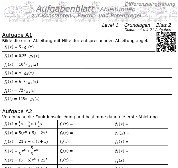 Konstanten-/Faktor-/Potenzregel Aufgabenblatt Level 1 / Blatt 2 / © by Fit-in-Mathe-Online.de