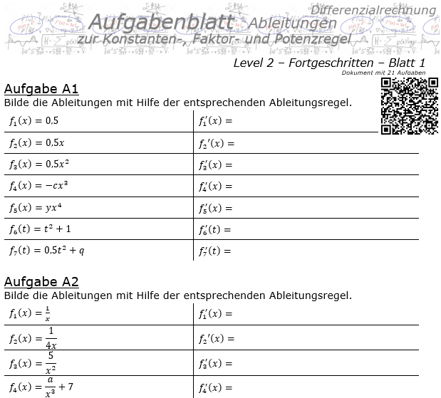 Konstanten-/Faktor-/Potenzregel Aufgabenblatt Level 2 / Blatt 1 / © by Fit-in-Mathe-Online.de