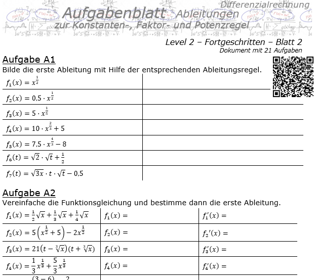 Konstanten-/Faktor-/Potenzregel Aufgabenblatt Level 2 / Blatt 2 / © by Fit-in-Mathe-Online.de