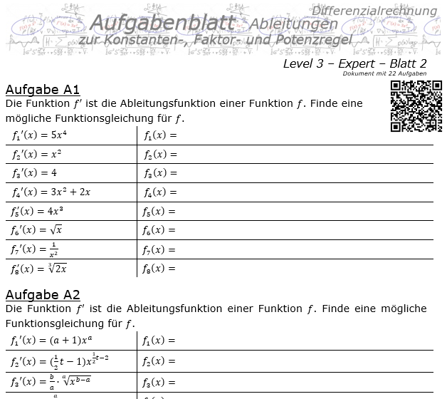 Konstanten-/Faktor-/Potenzregel Aufgabenblatt Level 3 / Blatt 2 / © by Fit-in-Mathe-Online.de