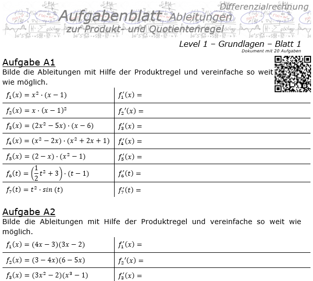 Produktregel und Quotientenregel der Ableitungen Aufgabenblatt 1/1 / © by Fit-in-Mathe-Online.de