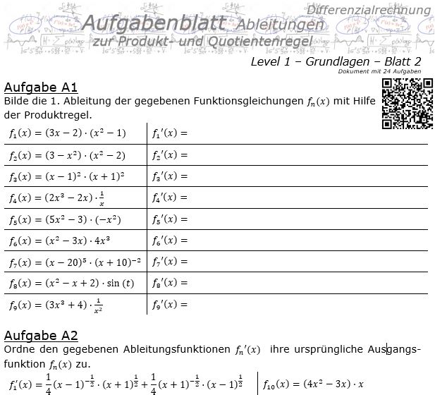 Produktregel und Quotientenregel der Ableitungen Aufgabenblatt 1/2 / © by Fit-in-Mathe-Online.de