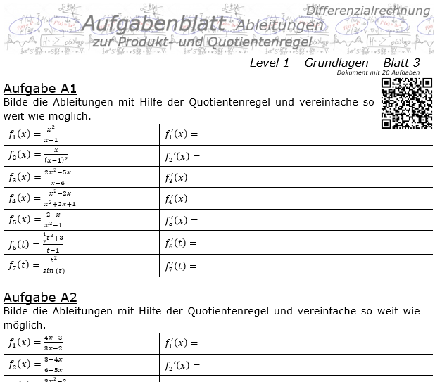 Produktregel und Quotientenregel der Ableitungen Aufgabenblatt 1/3 / © by Fit-in-Mathe-Online.de