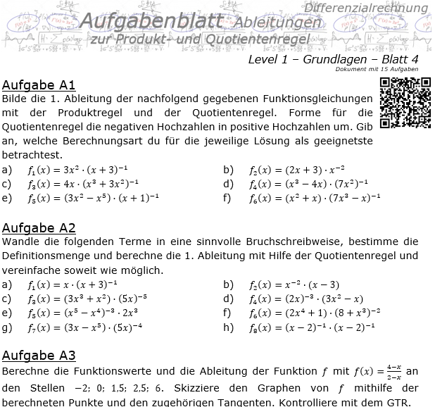 Produktregel und Quotientenregel der Ableitungen Aufgabenblatt 1/4 / © by Fit-in-Mathe-Online.de