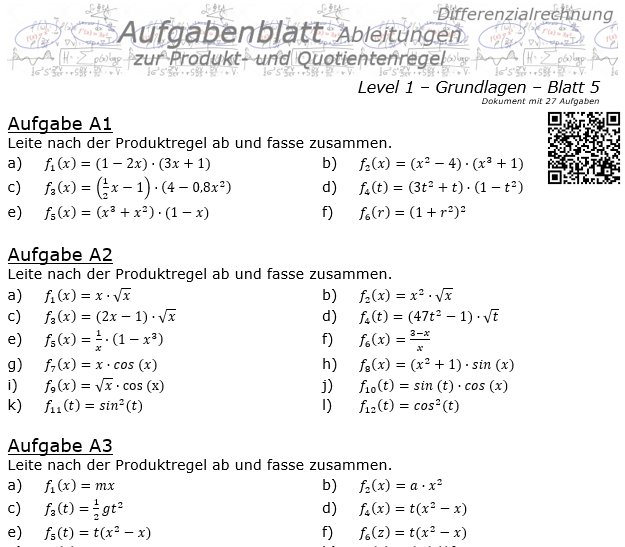 Produktregel und Quotientenregel der Ableitungen Aufgabenblatt 1/5 / © by Fit-in-Mathe-Online.de