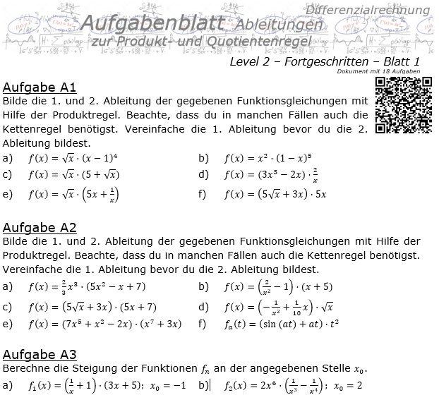 Produktregel und Quotientenregel der Ableitungen Aufgabenblatt 2/1 / © by Fit-in-Mathe-Online.de