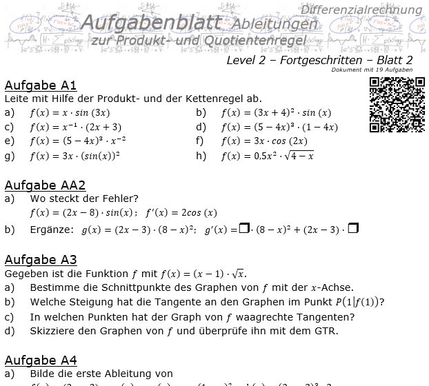 Produktregel und Quotientenregel der Ableitungen Aufgabenblatt 2/2 / © by Fit-in-Mathe-Online.de