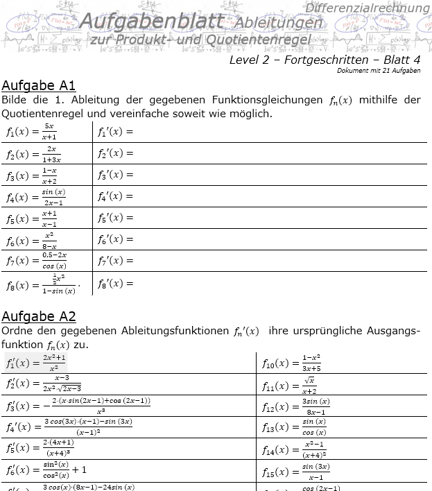 Produktregel und Quotientenregel der Ableitungen Aufgabenblatt 2/4 / © by Fit-in-Mathe-Online.de
