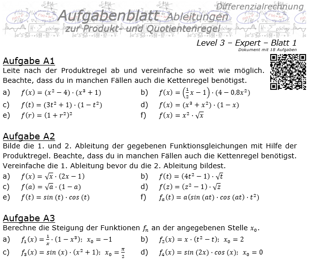 Produktregel und Quotientenregel der Ableitungen Aufgabenblatt 3/1 / © by Fit-in-Mathe-Online.de