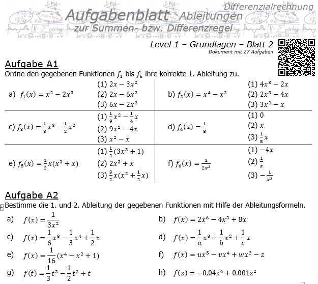 Summenregel und Differenzregel der Ableitungen Aufgabenblatt 1/2 / © by Fit-in-Mathe-Online.de