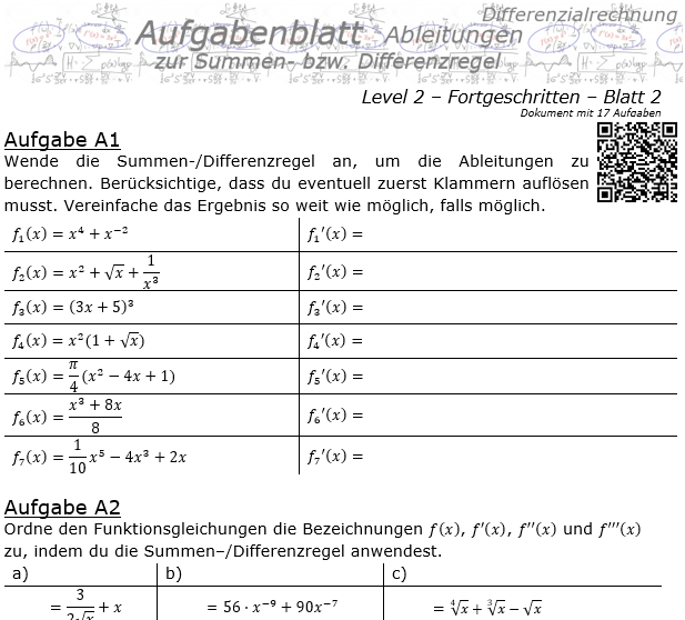 Summenregel und Differenzregel der Ableitungen Aufgabenblatt 2/2 / © by Fit-in-Mathe-Online.de