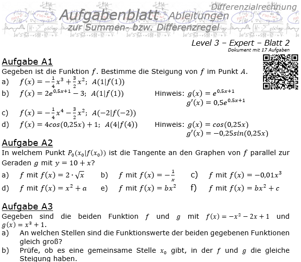 Summenregel und Differenzregel der Ableitungen Aufgabenblatt 3/2 / © by Fit-in-Mathe-Online.de