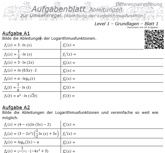 Ableitung Logarithmusfunktion (Umkehrregel) Aufgabenblatt 1/1 / © by Fit-in-Mathe-Online.de