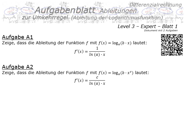 Ableitung Logarithmusfunktion (Umkehrregel) Aufgabenblatt 3/1 / © by Fit-in-Mathe-Online.de