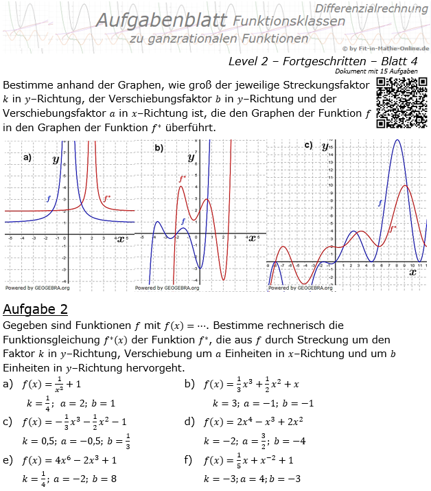 Ganzrationale Funktionen der Funktionsklassen Aufgabenblatt 2/4 / © by Fit-in-Mathe-Online.de