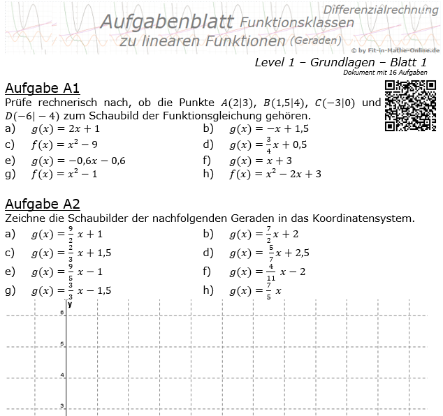 Lineare Funktionen (Geraden) Aufgabenblatt 1/1 / © by Fit-in-Mathe-Online.de