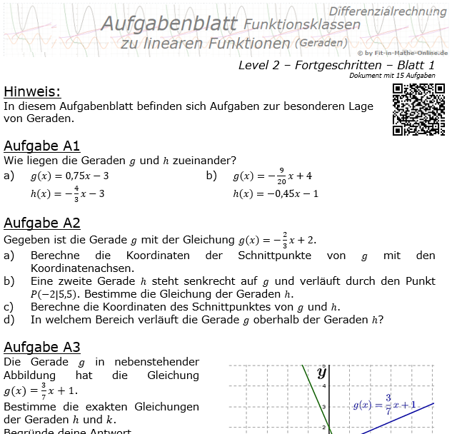 Lineare Funktionen (Geraden) Aufgabenblatt 2/1 / © by Fit-in-Mathe-Online.de