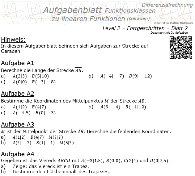 Lineare Funktionen (Strecken auf Geraden) Aufgabenblatt 2/2 / © by Fit-in-Mathe-Online.de