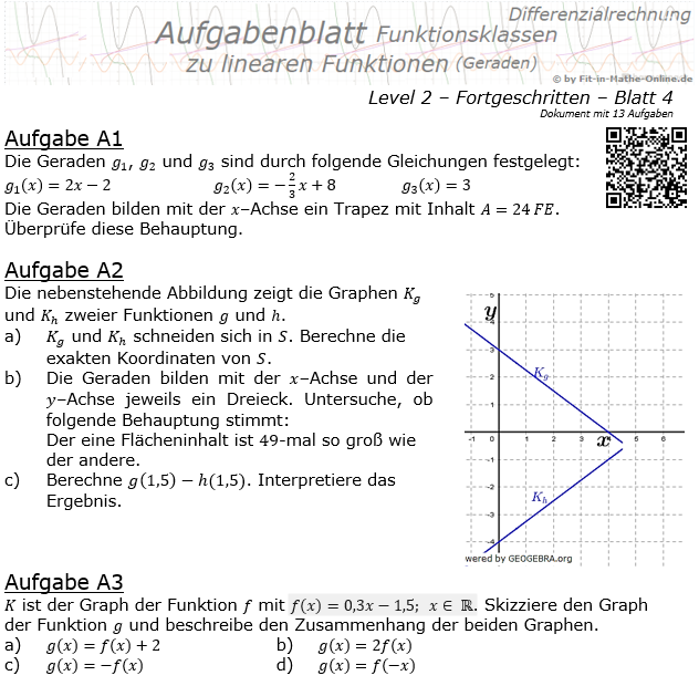 Lineare Funktionen (Geraden) Aufgabenblatt 2/4 / © by Fit-in-Mathe-Online.de