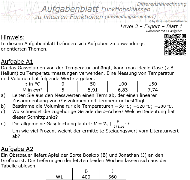 Lineare Funktionen (anwendungsorientiert) Aufgabenblatt 3/1 / © by Fit-in-Mathe-Online.de