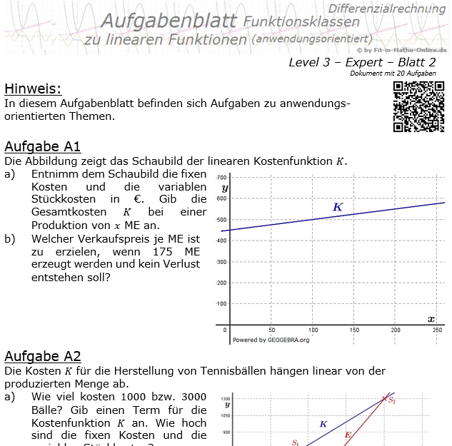 Lineare Funktionen (anwendungsorientiert) Aufgabenblatt 3/2 / © by Fit-in-Mathe-Online.de