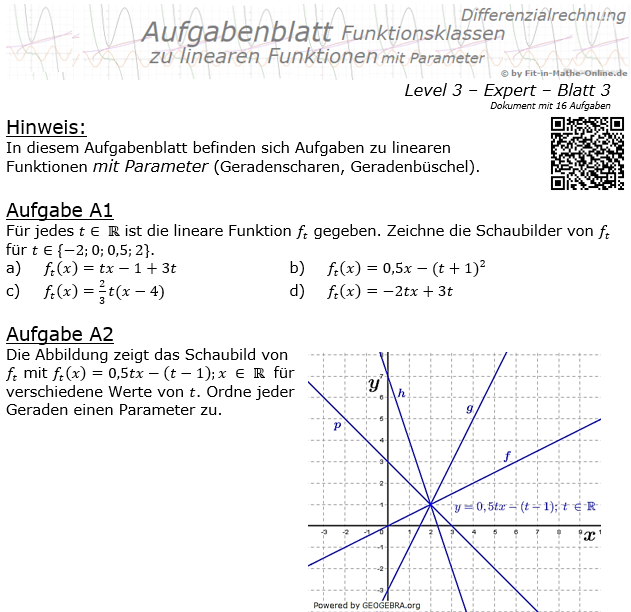 Lineare Funktionen mit Parameter Aufgabenblatt 3/3 / © by Fit-in-Mathe-Online.de