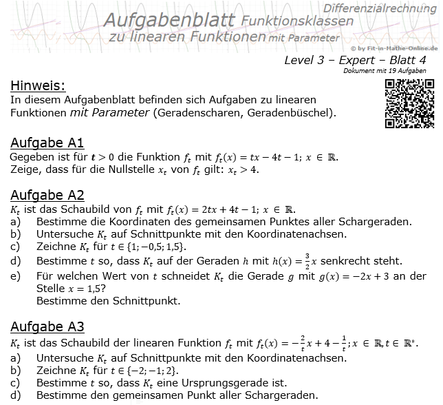 Lineare Funktionen mit Parameter Aufgabenblatt 3/4 / © by Fit-in-Mathe-Online.de