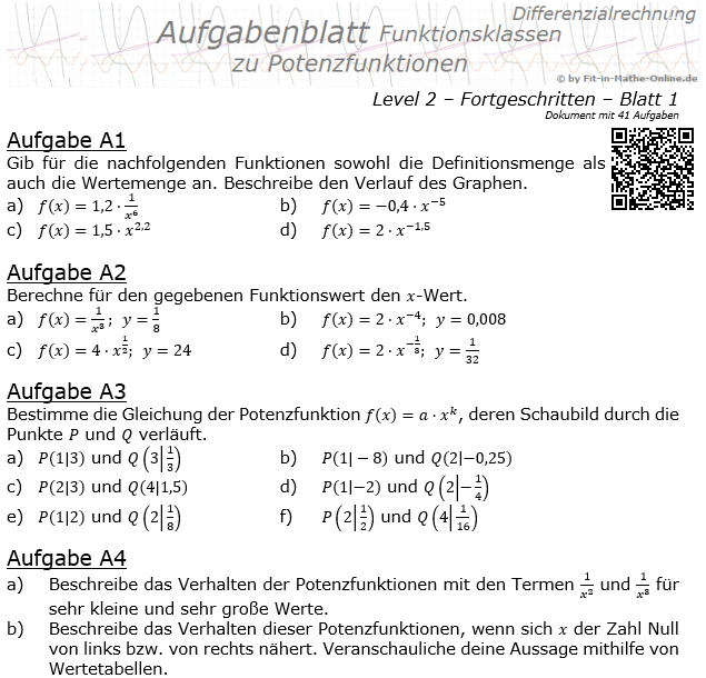 Potenzfunktionen der Funktionsklassen Aufgabenblatt 2/1 / © by Fit-in-Mathe-Online.de