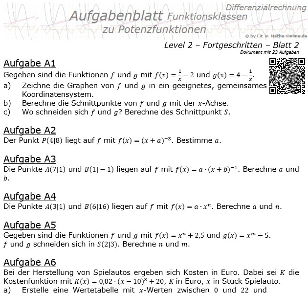 Potenzfunktionen der Funktionsklassen Aufgabenblatt 2/2 / © by Fit-in-Mathe-Online.de