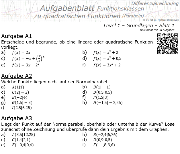 Quadratische Funktionen (Parabeln) Aufgabenblatt 1/1 / © by Fit-in-Mathe-Online.de