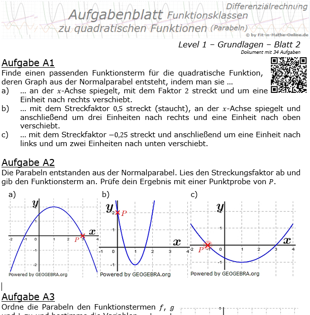 Quadratische Funktionen (Parabeln) Aufgabenblatt 1/2 / © by Fit-in-Mathe-Online.de