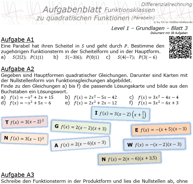 Quadratische Funktionen (Parabeln) Aufgabenblatt 1/3 / © by Fit-in-Mathe-Online.de