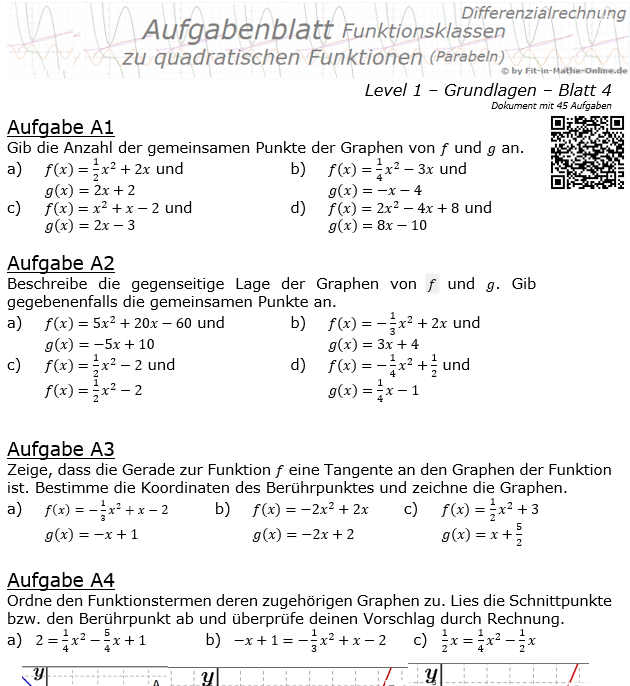 Quadratische Funktionen (Parabeln) Aufgabenblatt 1/4 / © by Fit-in-Mathe-Online.de