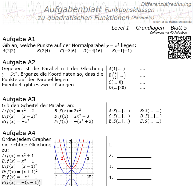 Quadratische Funktionen (Parabeln) Aufgabenblatt 1/5 / © by Fit-in-Mathe-Online.de