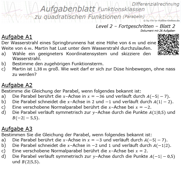 Quadratische Funktionen (Parabeln) Aufgabenblatt 2/2 / © by Fit-in-Mathe-Online.de