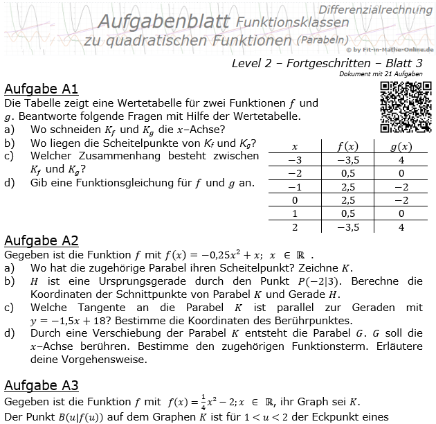 Quadratische Funktionen (Parabeln) Aufgabenblatt 2/3 / © by Fit-in-Mathe-Online.de