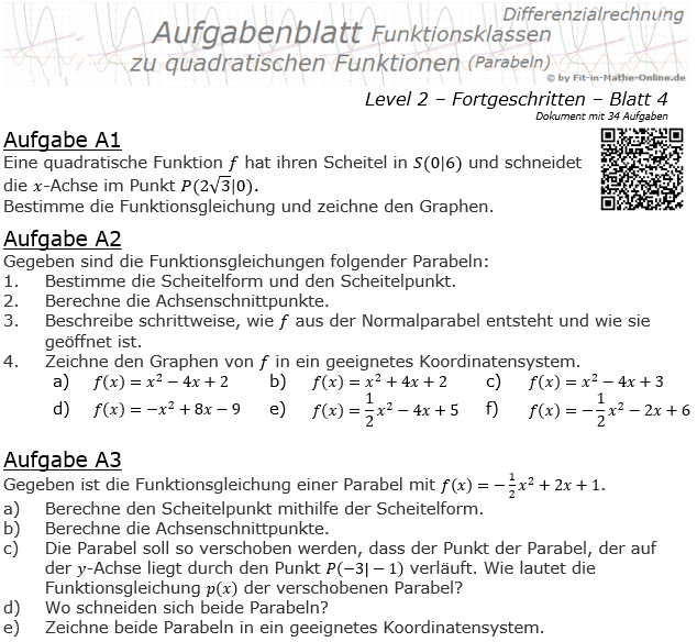 Quadratische Funktionen (Parabeln) Aufgabenblatt 2/4 / © by Fit-in-Mathe-Online.de