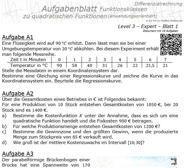 Quadratische Funktionen (Parabeln) Aufgabenblatt 3/1 / © by Fit-in-Mathe-Online.de