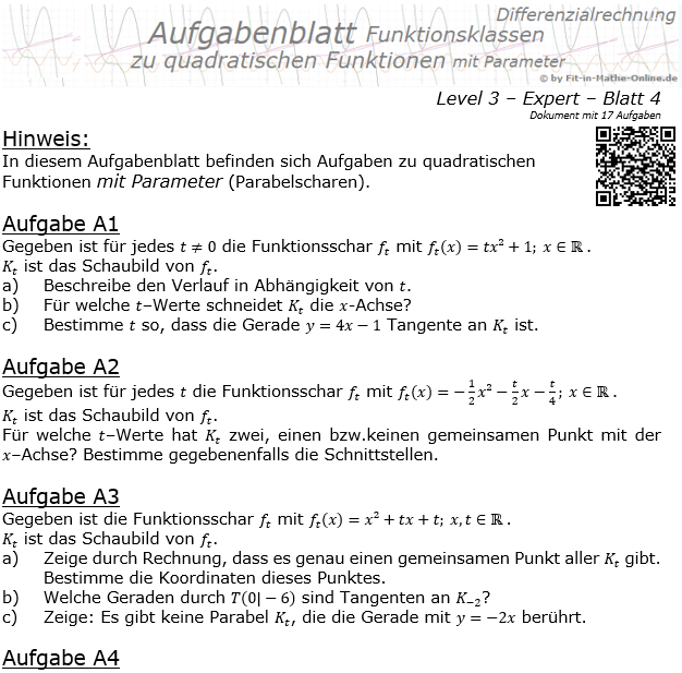 Quadratische Funktionen mit Parameter Aufgabenblatt 3/4 / © by Fit-in-Mathe-Online.de