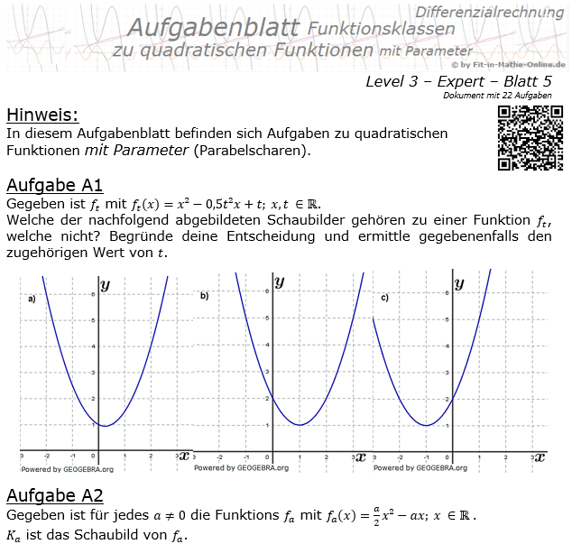 Quadratische Funktionen mit Parameter Aufgabenblatt 3/5 / © by Fit-in-Mathe-Online.de