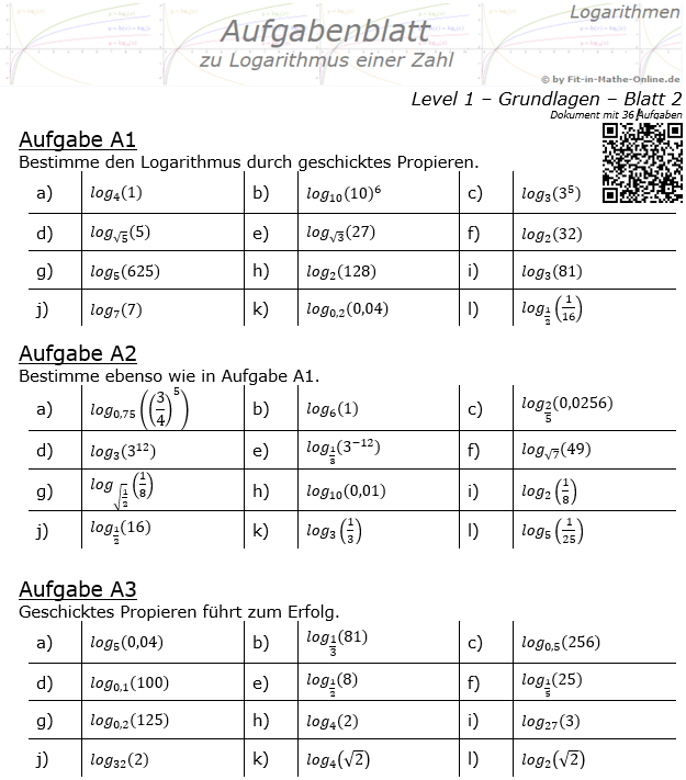 Logarithmus einer Zahl Aufgabenblatt 02 Grundlagen 1/2 / © by Fit-in-Mathe-Online.de
