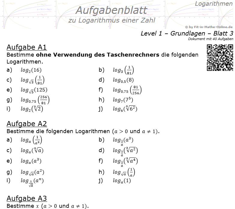 Logarithmus einer Zahl Aufgabenblatt 03 Grundlagen 1/3 / © by Fit-in-Mathe-Online.de