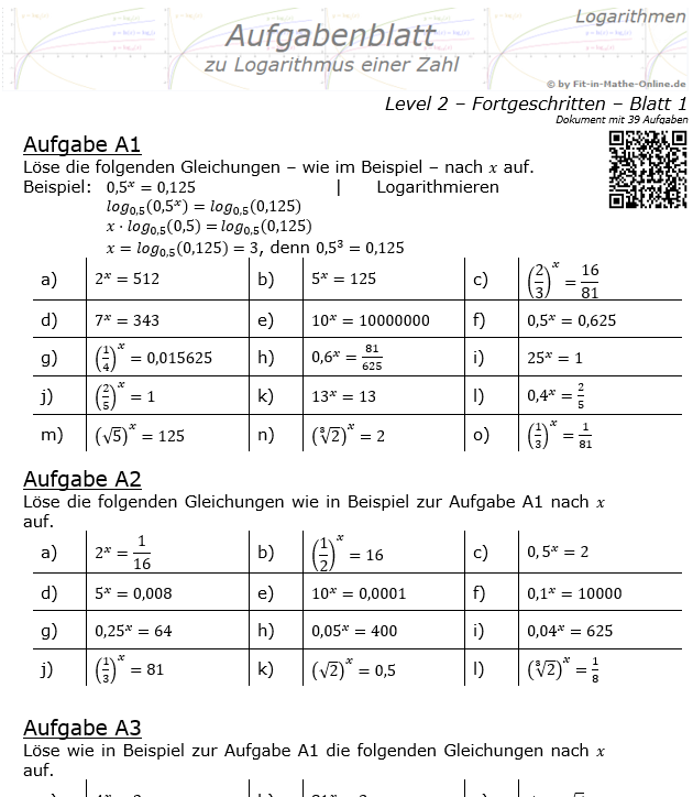 Logarithmus einer Zahl Aufgabenblatt 01 Fortgeschritten 2/1 / © by Fit-in-Mathe-Online.de