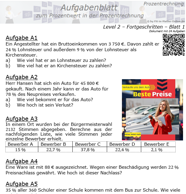 Prozentwert in der Prozentrechnung Aufgabenblatt 2/1 / © by Fit-in-Mathe-Online.de