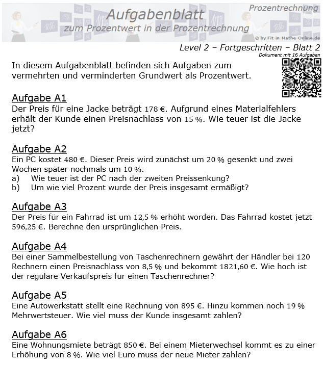Prozentwert in der Prozentrechnung Aufgabenblatt 2/2 / © by Fit-in-Mathe-Online.de