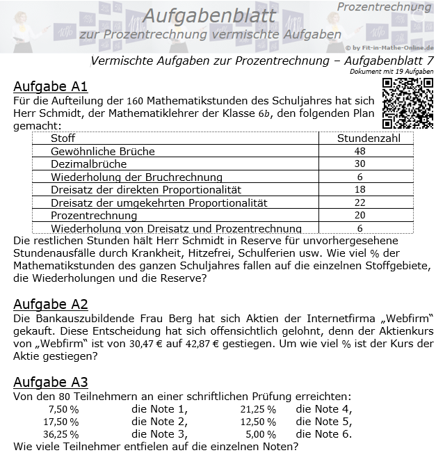 Vermischte Aufgaben der Prozentrechnung Aufgabenblatt 7 / © by Fit-in-Mathe-Online.de